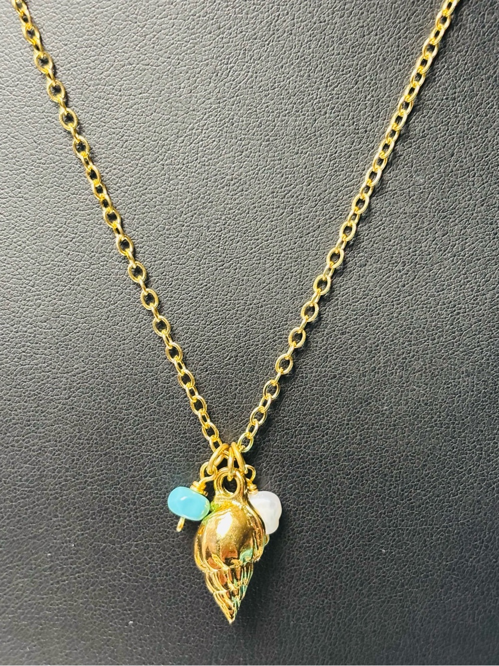 MAYAMAR 24K plated Shell Pendant Necklace with Turquoise and Freshwater Pearl.